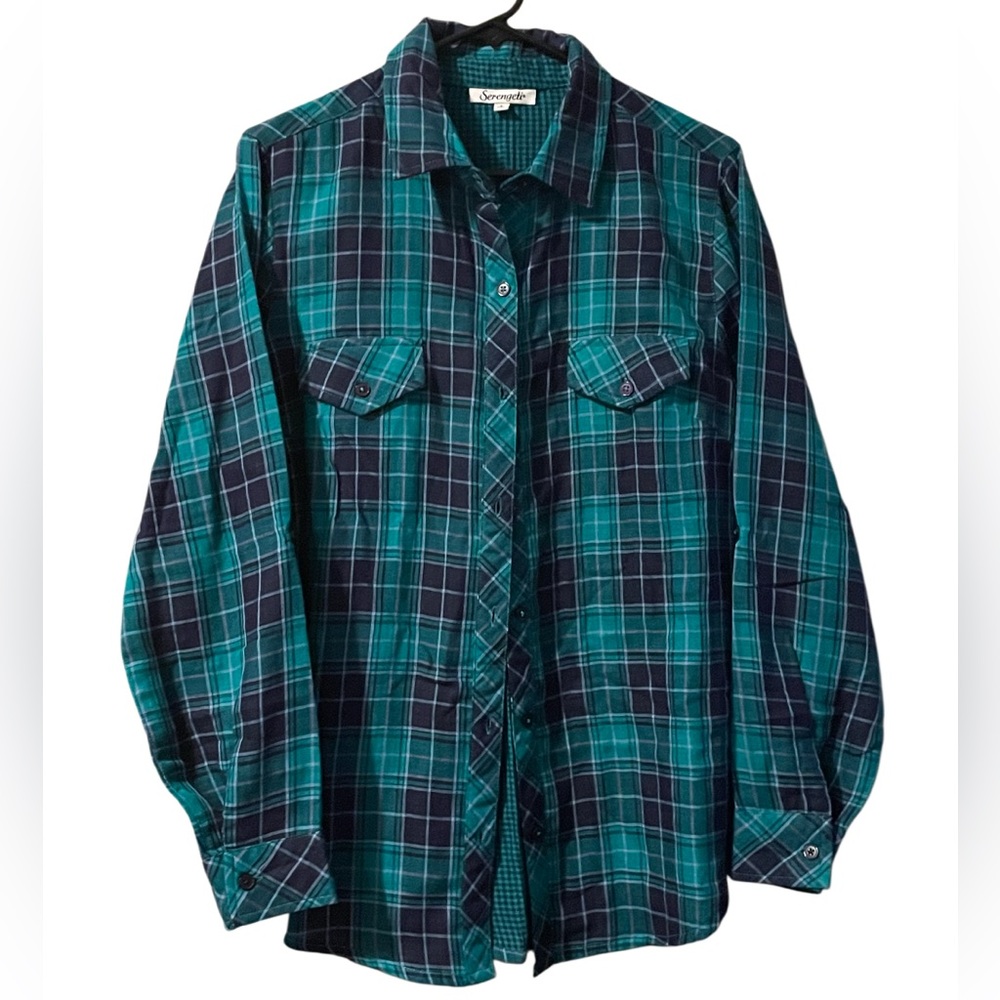 T132 Serengeti Size Small Plaid Green Button Down Shirt